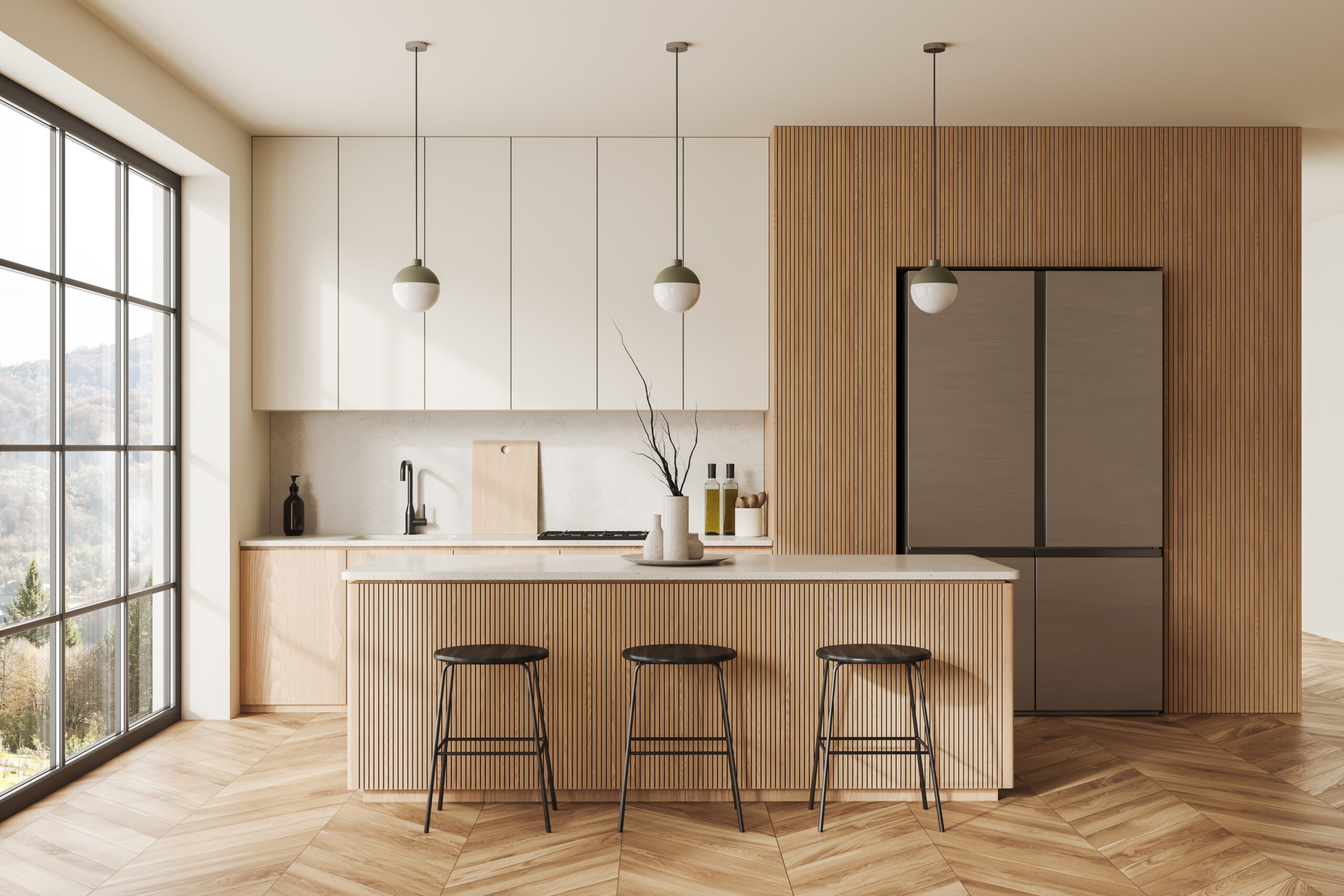 Cozy kitchen interior with bar island and cooking space, panoramic window