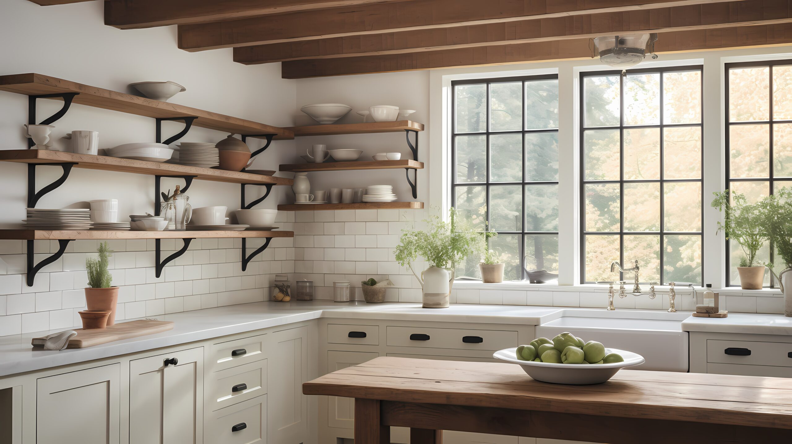 Classic-inspired kitchen with a farmhouse sink, vintage pendant lights, and rustic open shelving