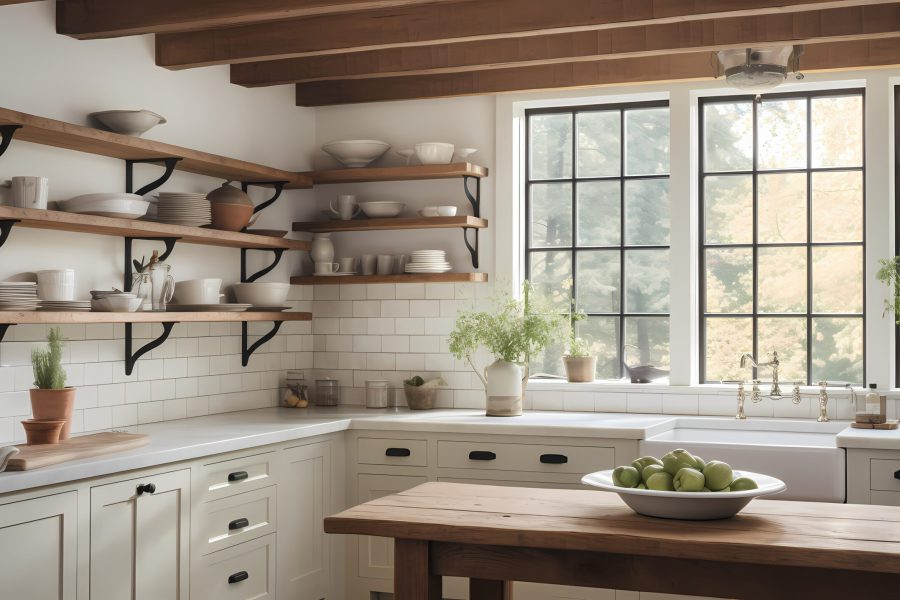 Classic-inspired kitchen with a farmhouse sink, vintage pendant lights, and rustic open shelving